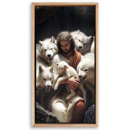 Save 33% When You Add A Frame To Your 48x24 Jesus Protects The Lamb From Wolves Faith Wall Art Canvas Now