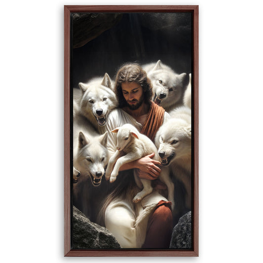 Save 33% When You Add A Frame To Your 20x10 Jesus Protects The Lamb From Wolves Faith Wall Art Canvas Now
