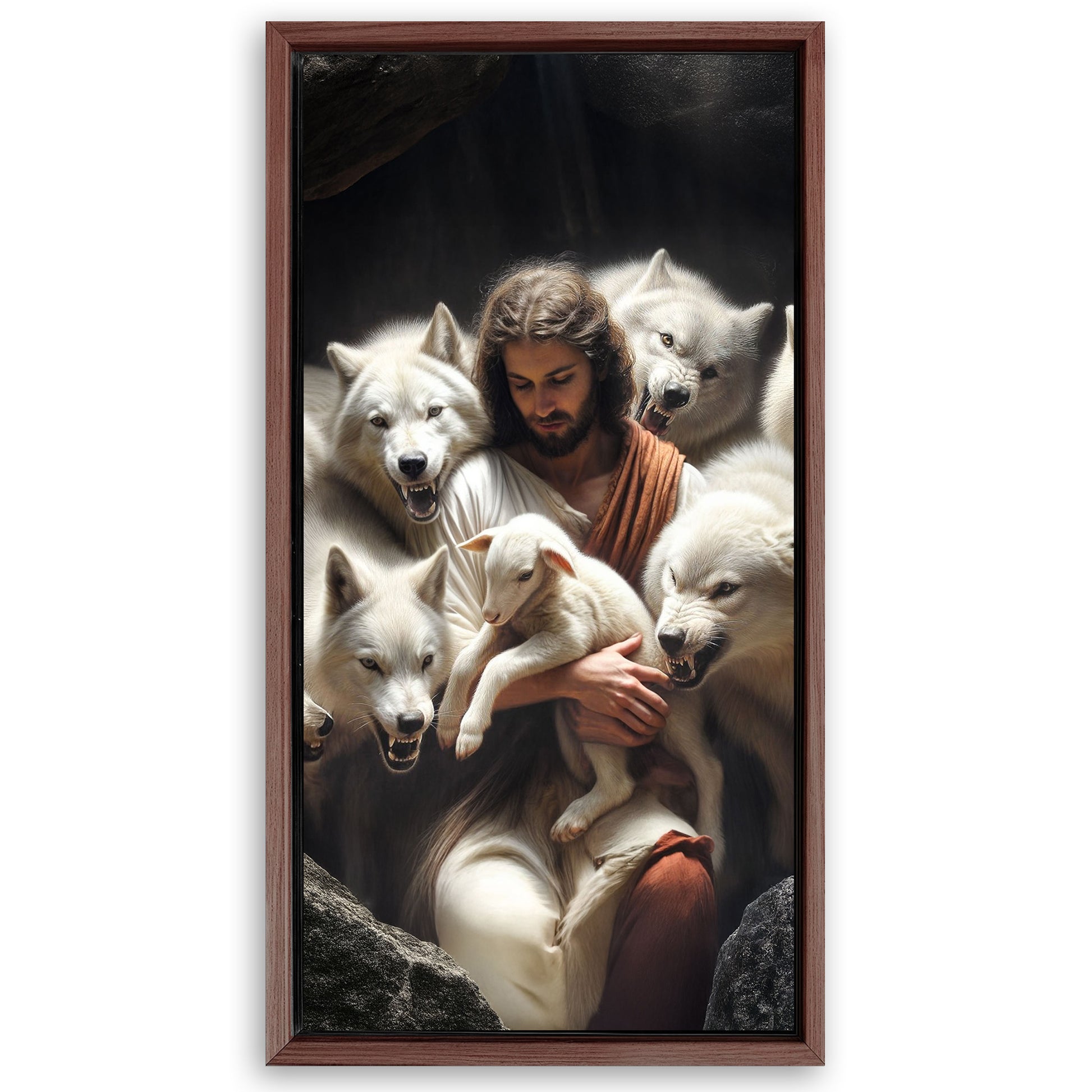 Save 33% When You Add A Frame To Your 48x24 Jesus Protects The Lamb From Wolves Faith Wall Art Canvas Now