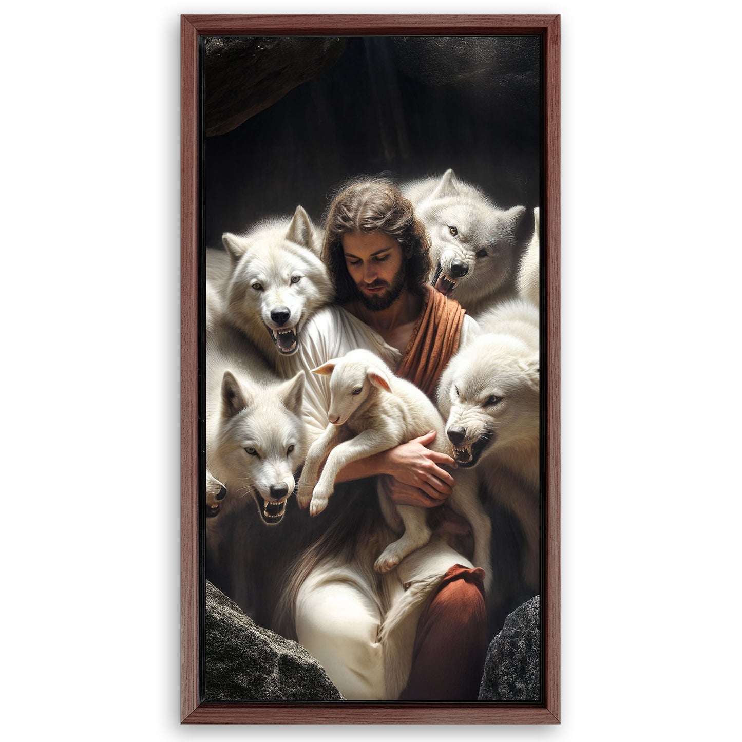 Save 33% When You Add A Frame To Your 60x30 Jesus Protects The Lamb From Wolves Faith Wall Art Canvas Now