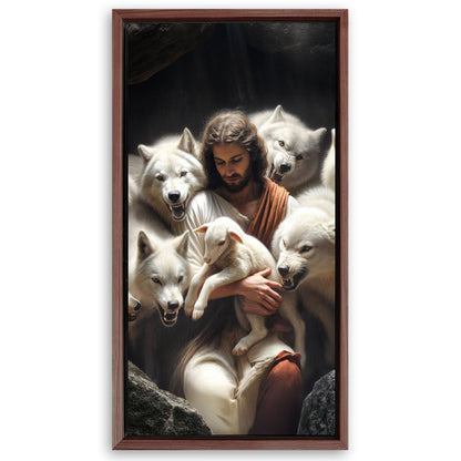 Save 33% When You Add A Frame To Your 60x30 Jesus Protects The Lamb From Wolves Faith Wall Art Canvas Now