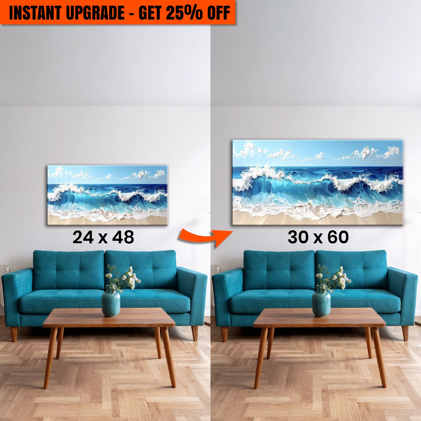 Upgrade Your 48x24 Inches 'Serene Ocean Wave Coastal Wall Art II' Canvas To 60x30 Inches Canvas