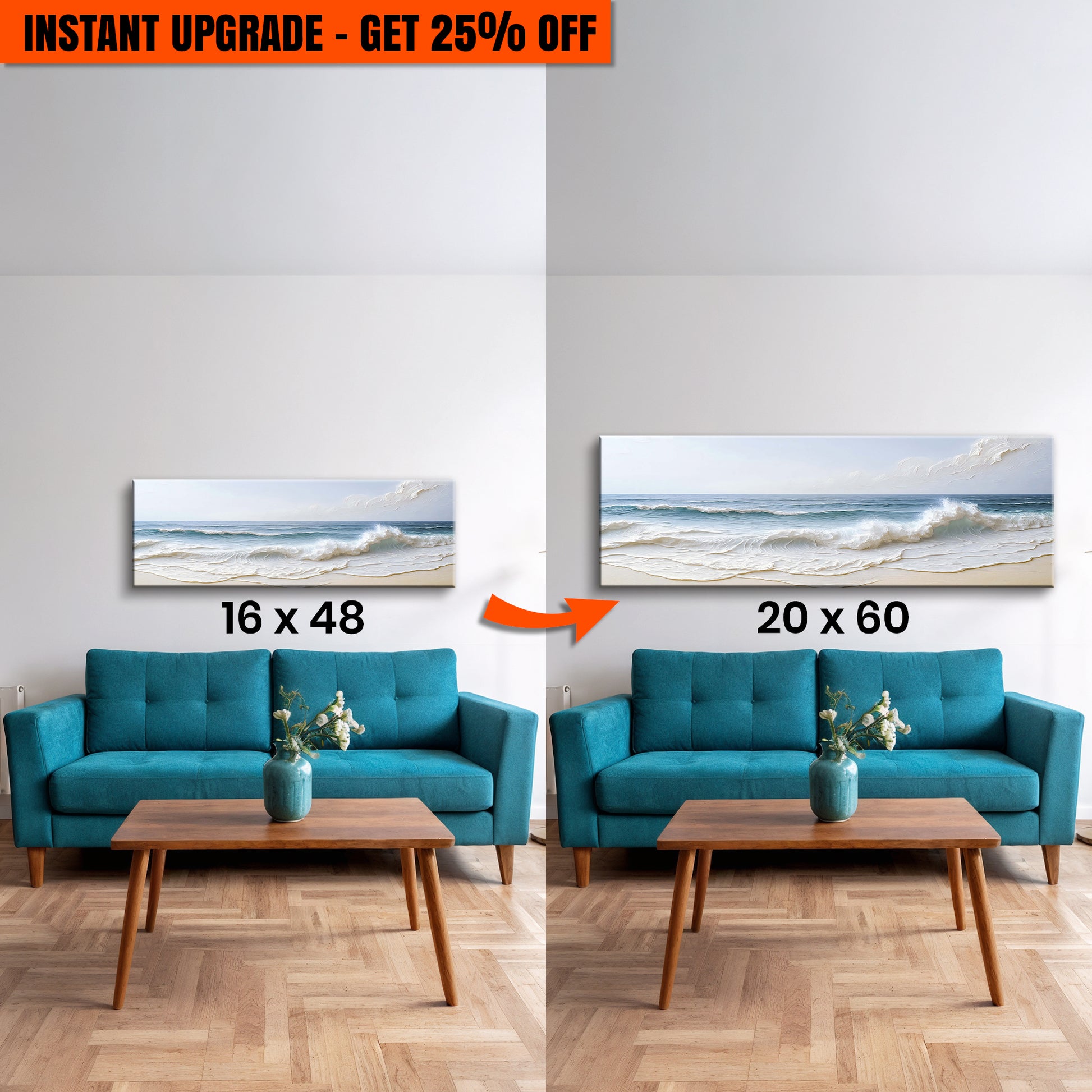 Upgrade Your 16x48 Inches 'Ocean Wave Seascape Wall Art' Canvas To 20x60 Inches