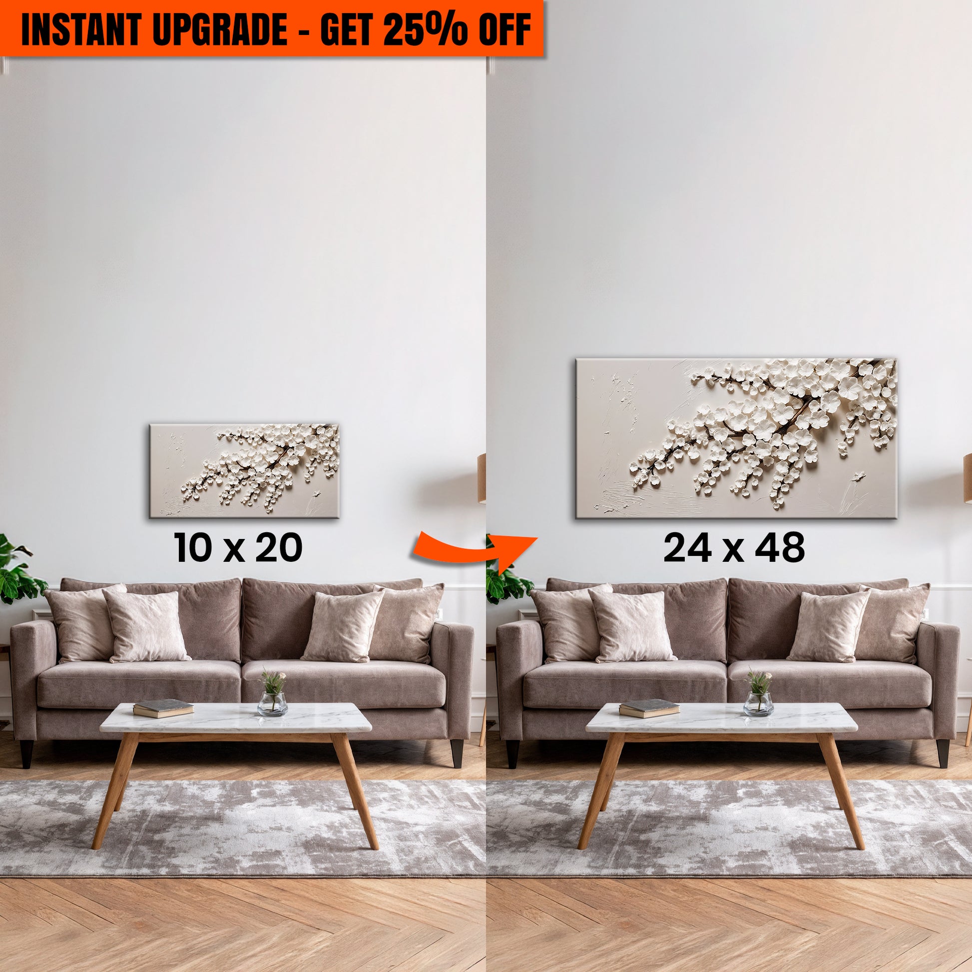 Upgrade Your 10x20 Inches 'White Cherry Blossom Wall Art' To 24x48 Inches Canvas