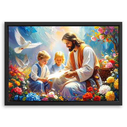 Save 33% When You Add A Frame To Your 24x16 Jesus With Children Faith Wall Art IV Canvas Now