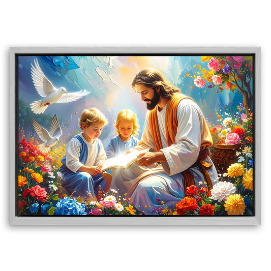 Save 33% When You Add A Frame To Your 36x24 Jesus With Children Faith Wall Art IV Canvas Now