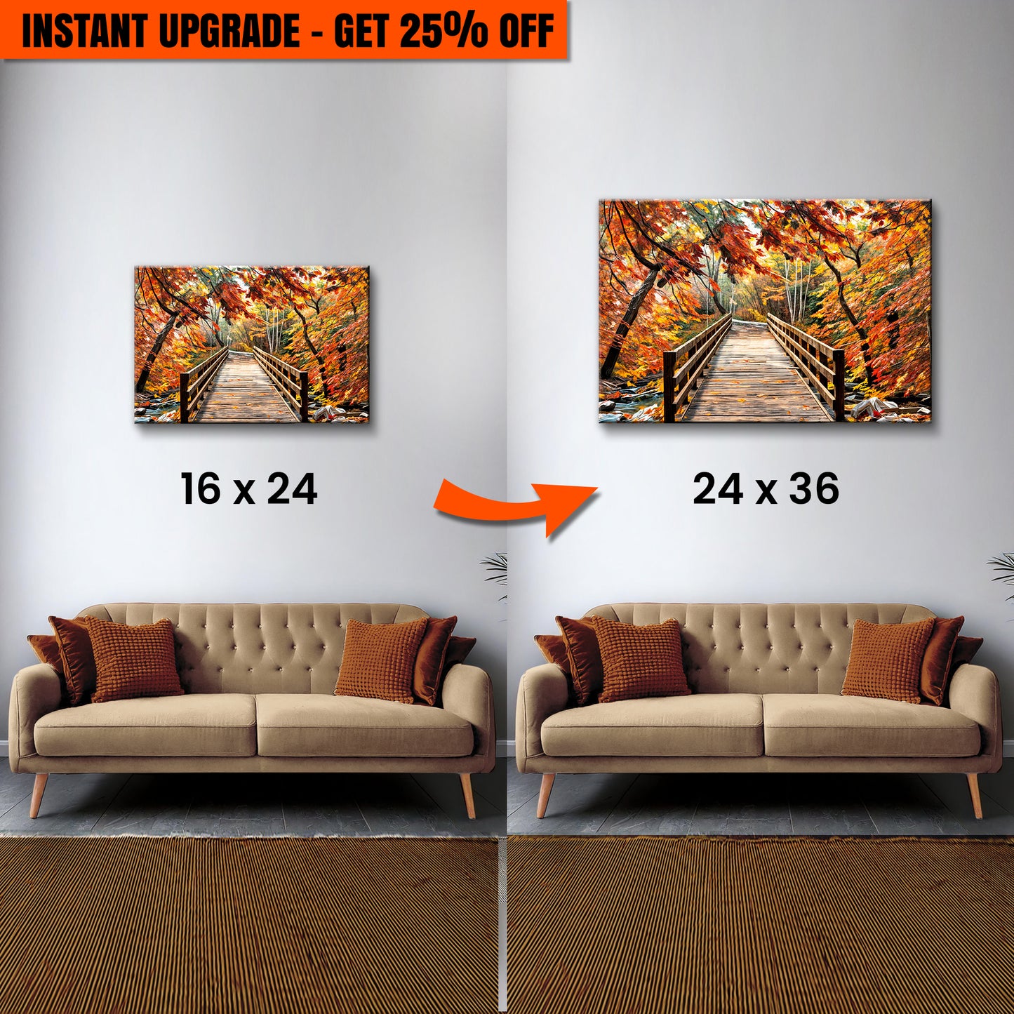 Upgrade Your 24x16 Inches 'Crossing Autumn Wall Art' Canvas to 36x24 Inches