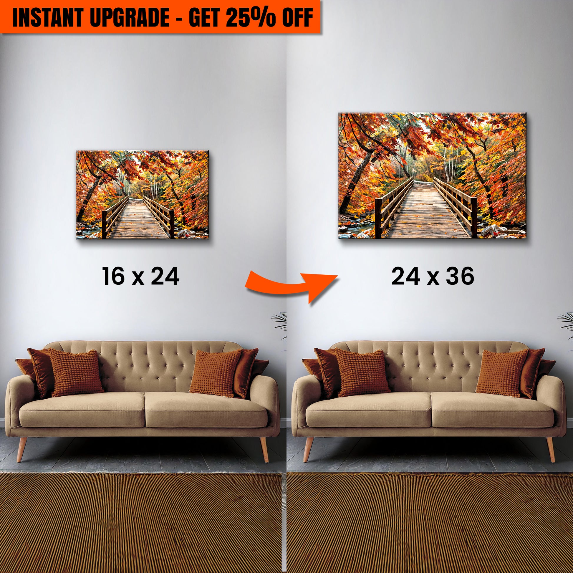 Upgrade Your 24x16 Inches 'Crossing Autumn Wall Art' Canvas to 36x24 Inches