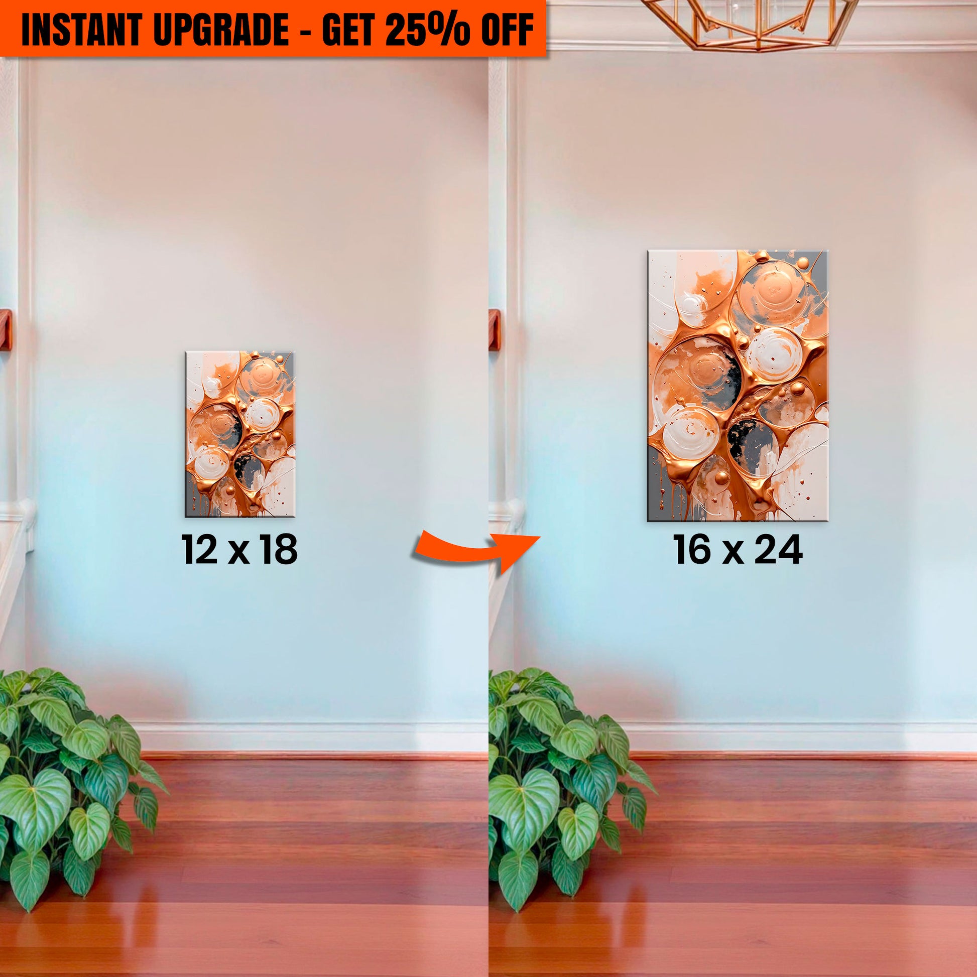 Upgrade Your 12x18 Inches 'Black And Gold Abstract Splashes Wall Art' Canvas to 16x24 Inches