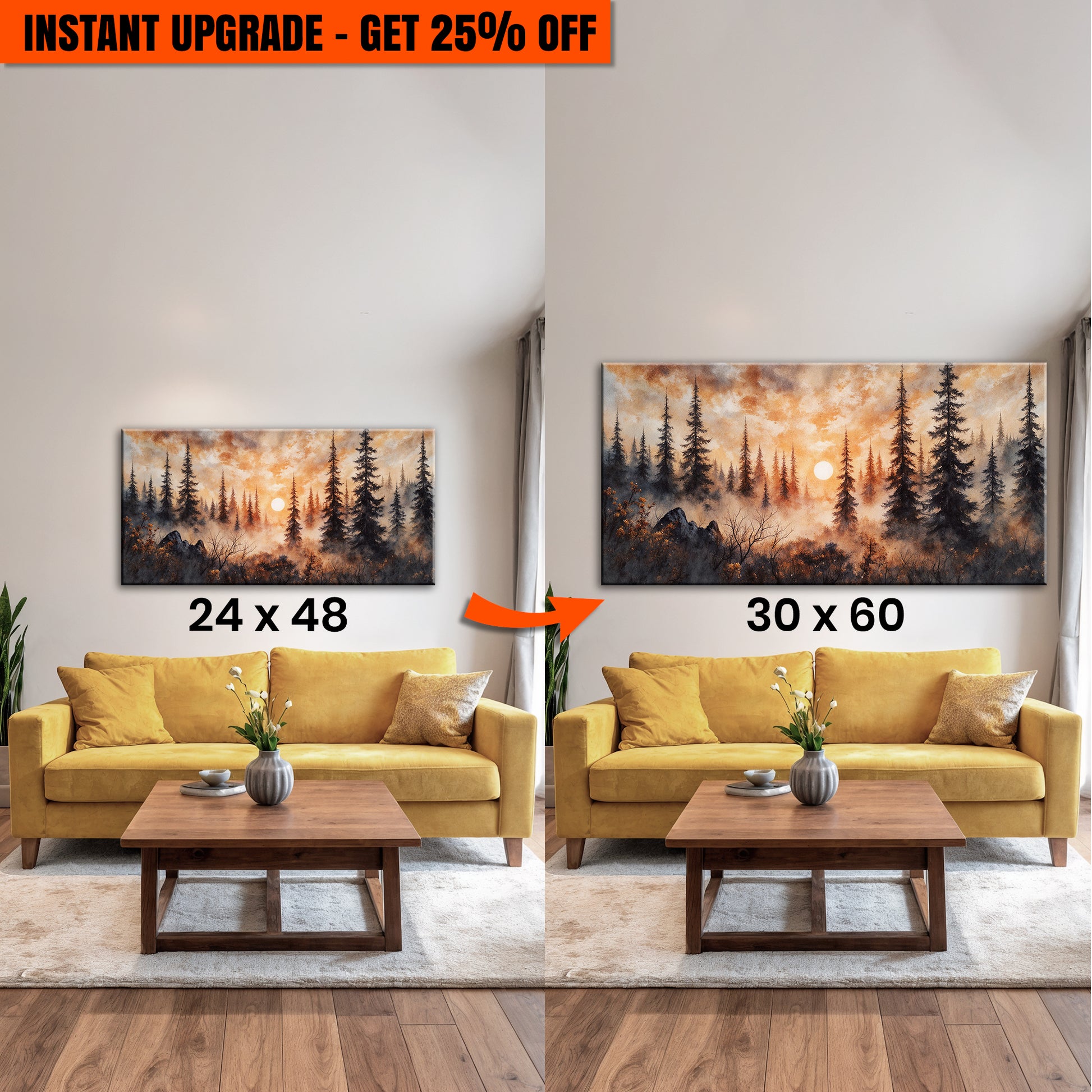 Upgrade Your 48x24 Inches 'Rustic Forest Sunset Wall Art' Canvas To 60x30 Inches Canvas