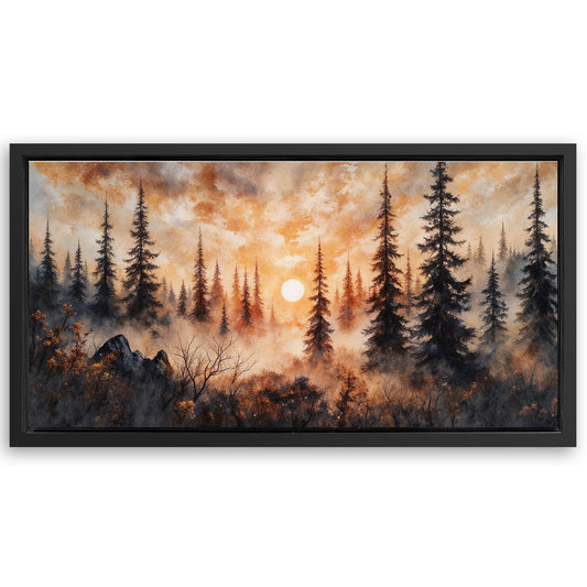 Save 33% When You Add A Frame To Your 48x24 Rustic Forest Sunset Wall Art Canvas Now