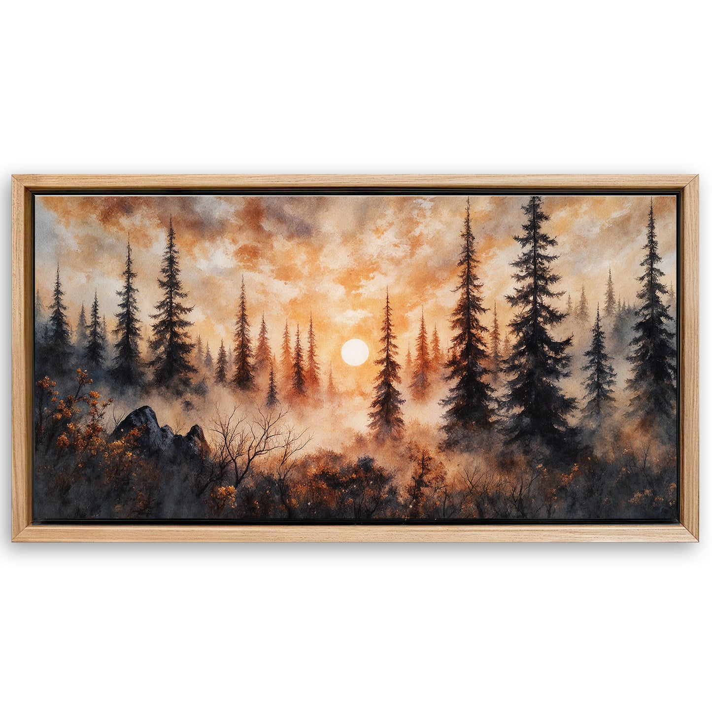 Save 33% When You Add A Frame To Your 48x24 Rustic Forest Sunset Wall Art Canvas Now