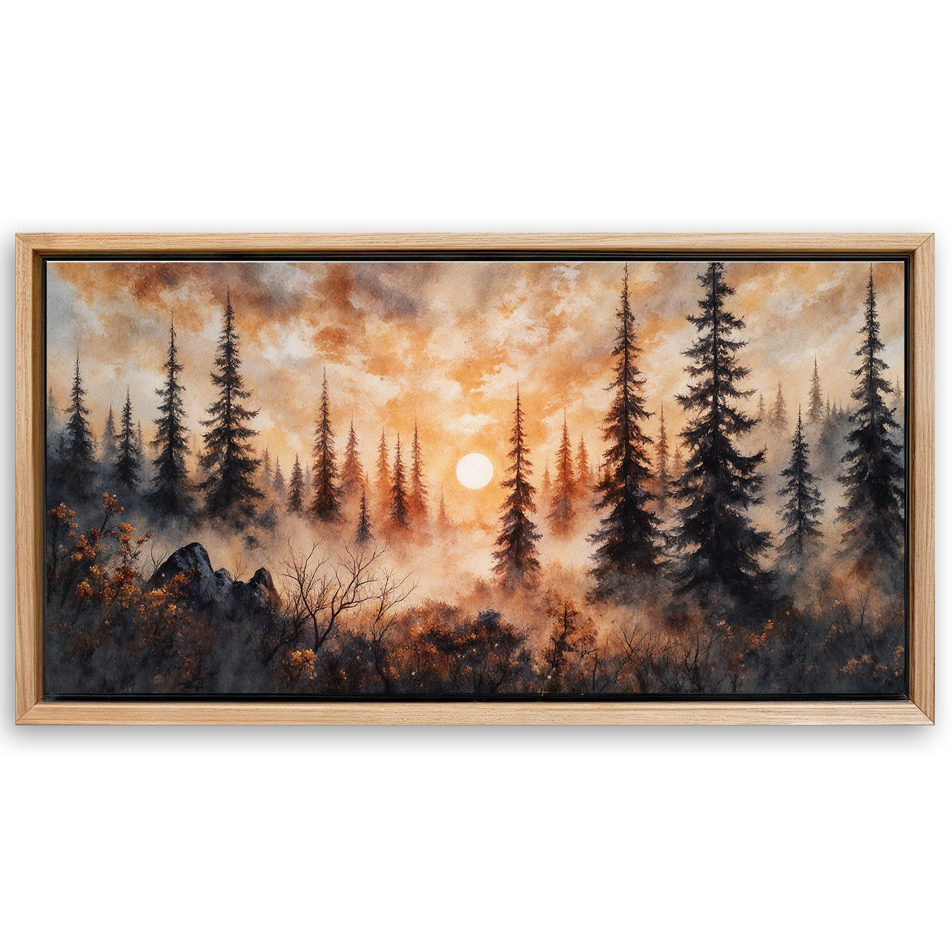 Save 33% When You Add A Frame To Your 48x24 Rustic Forest Sunset Wall Art Canvas Now