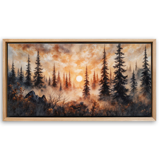 Save 33% When You Add A Frame To Your 48x24 Rustic Forest Sunset Wall Art Canvas Now