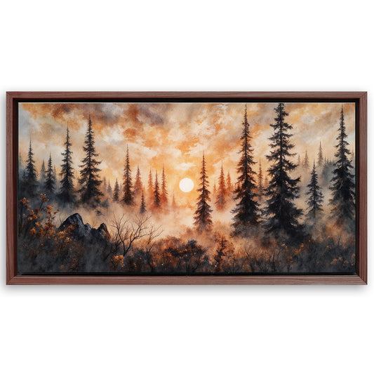 Save 33% When You Add A Frame To Your 48x24 Rustic Forest Sunset Wall Art Canvas Now
