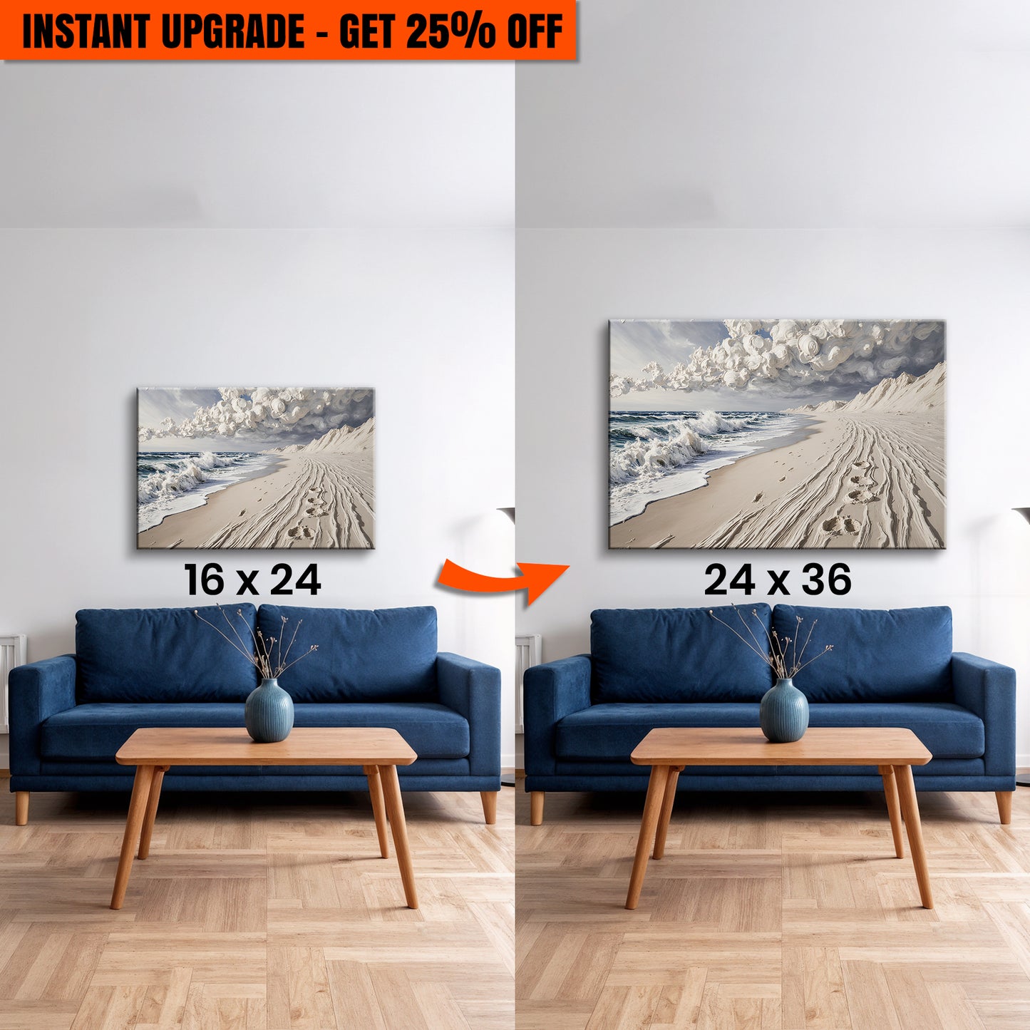 Upgrade Your 24x16 Inches 'Footprints in the Sand Wall Art' Canvas To 36x24 Inches