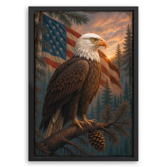 Save 33% When You Add A Frame To Your 36x24 Sentinel of the Pines Eagle Wall Art Canvas Now