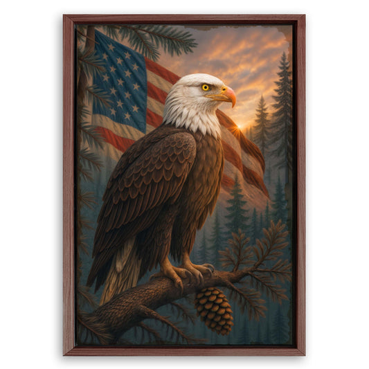 Save 33% When You Add A Frame To Your 36x24 Sentinel of the Pines Eagle Wall Art Canvas Now
