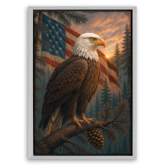 Save 33% When You Add A Frame To Your 24x16 Sentinel of the Pines Eagle Wall Art Canvas Now