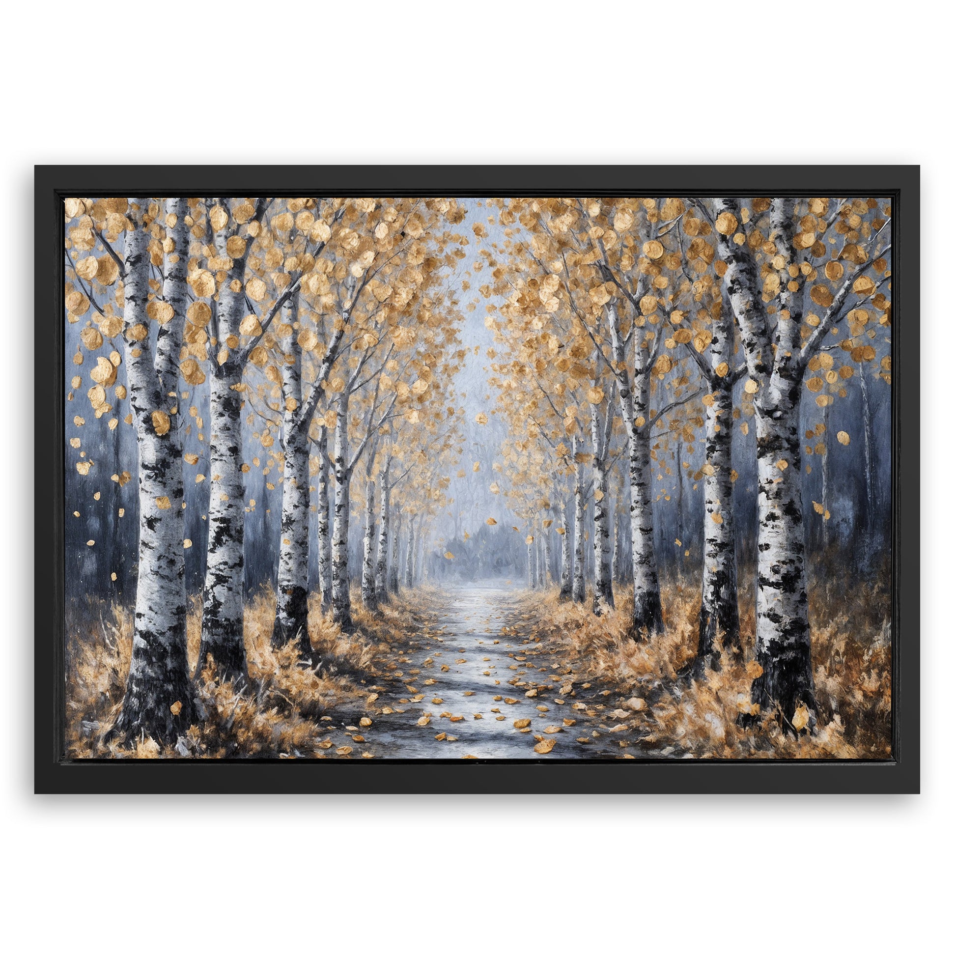 Save 33% When You Add A Frame To Your 24x16 Golden Autumn Forest Path Wall Art Canvas Now