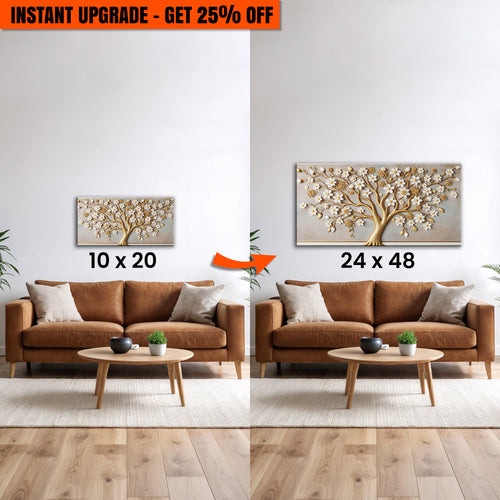 Upgrade Your 10x20 Inches '3D White And Gold Tree of Life Wall Art' To 24x48 Inches Canvas
