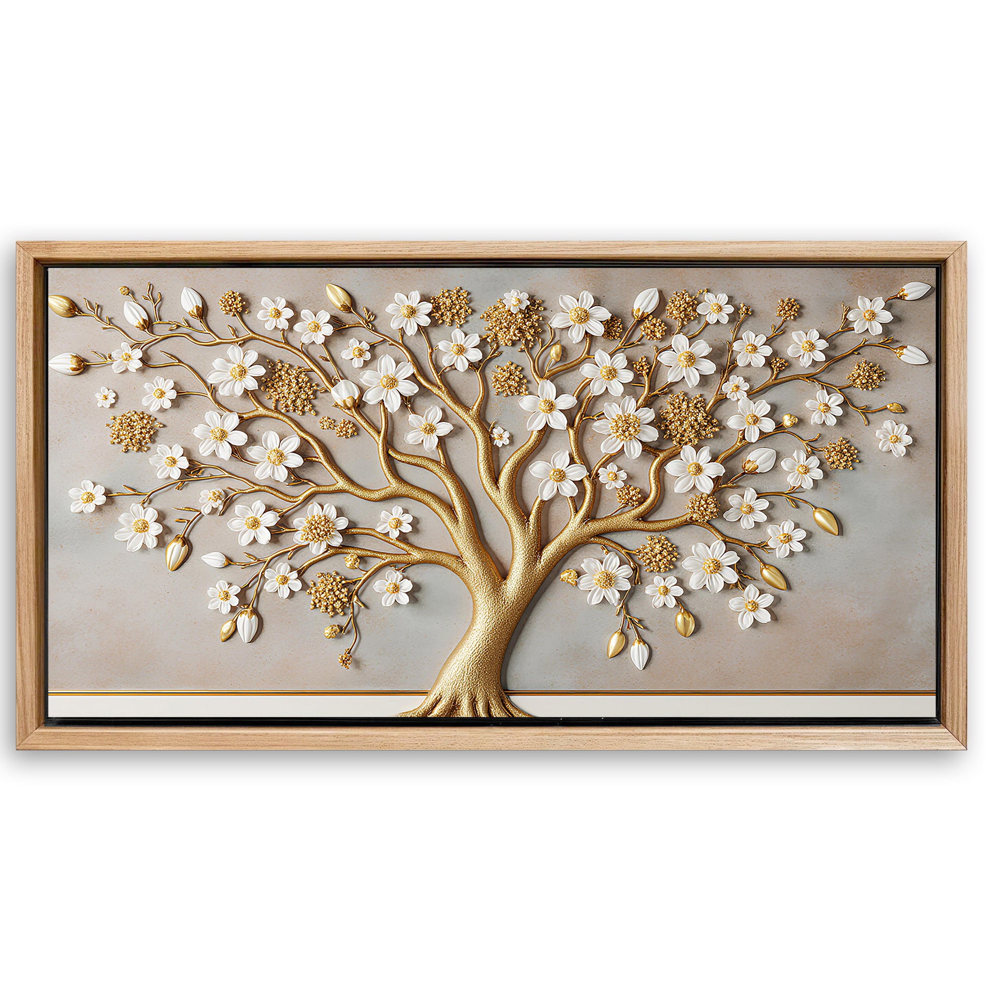Save 33% When You Add A Frame To Your 48x24 3D White And Gold Tree of Life Wall Art Canvas Now
