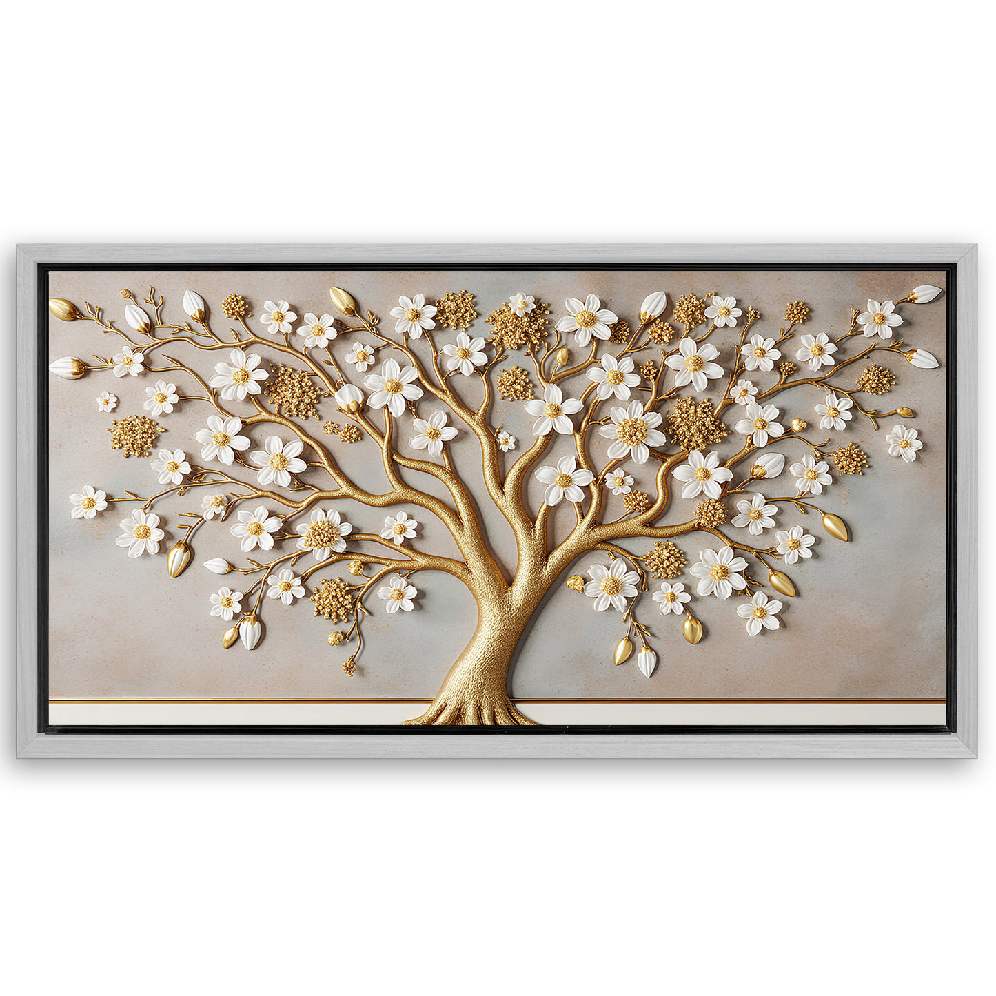 Save 33% When You Add A Frame To Your 48x24 3D White And Gold Tree of Life Wall Art Canvas Now