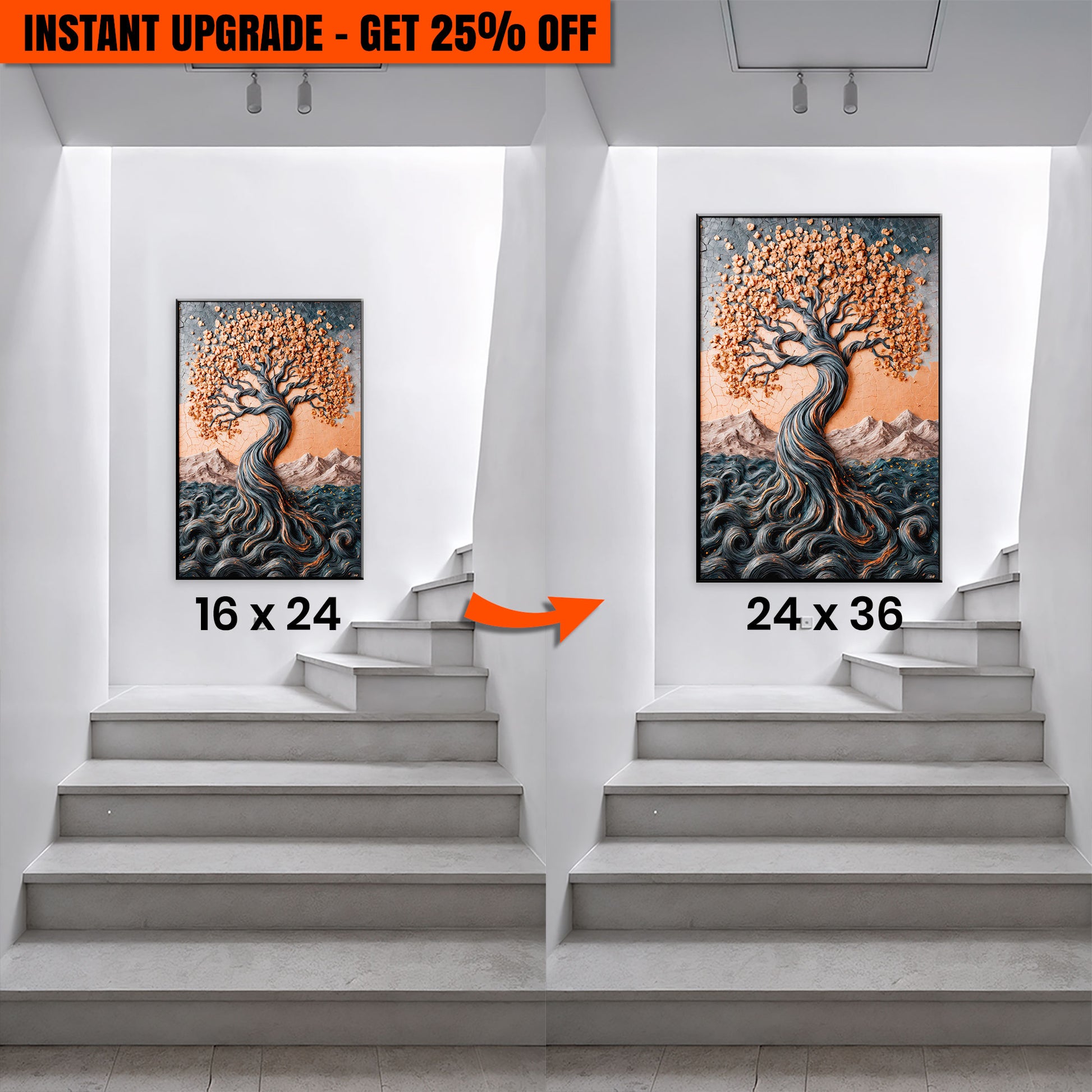 Upgrade Your 24x16 Inches 'Golden Tree of Life Minimalist Impasto Wall Art' Canvas To 36x24 Inches