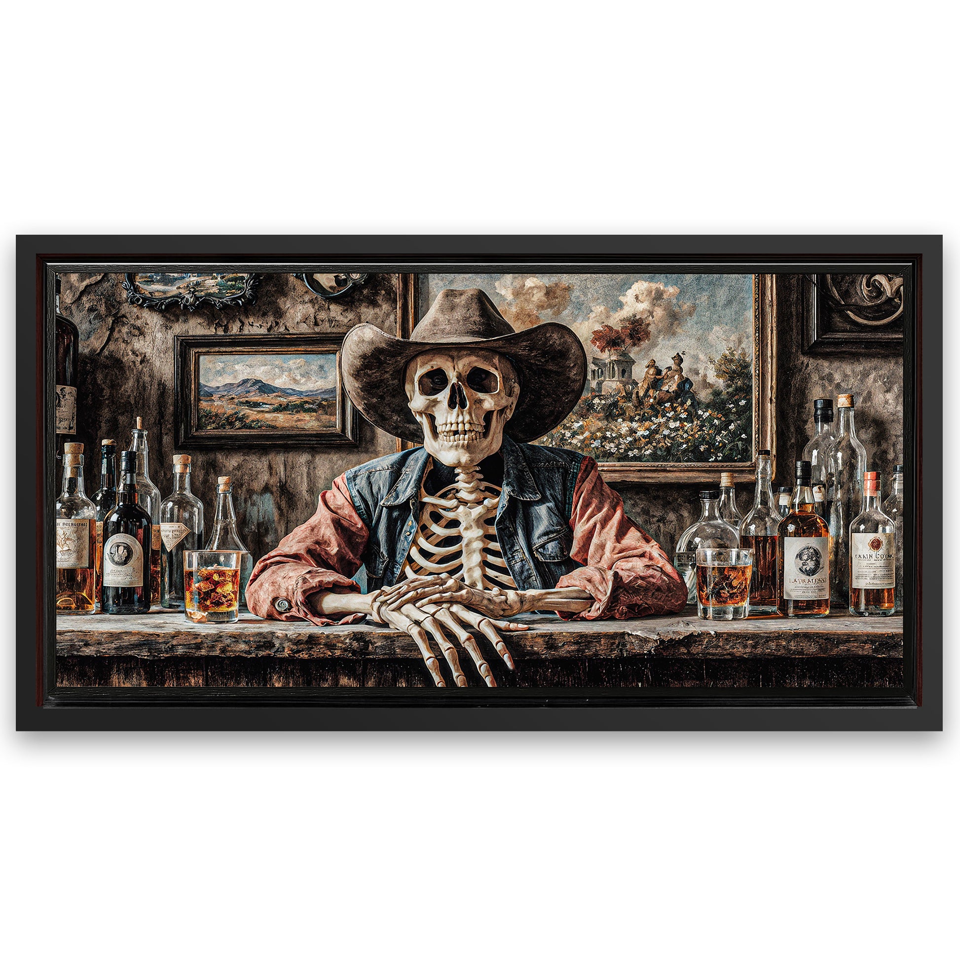 Save 33% When You Add A Frame To Your 60x30 Skeleton Cowboy Barman At Western Saloon Wall Art Canvas Now