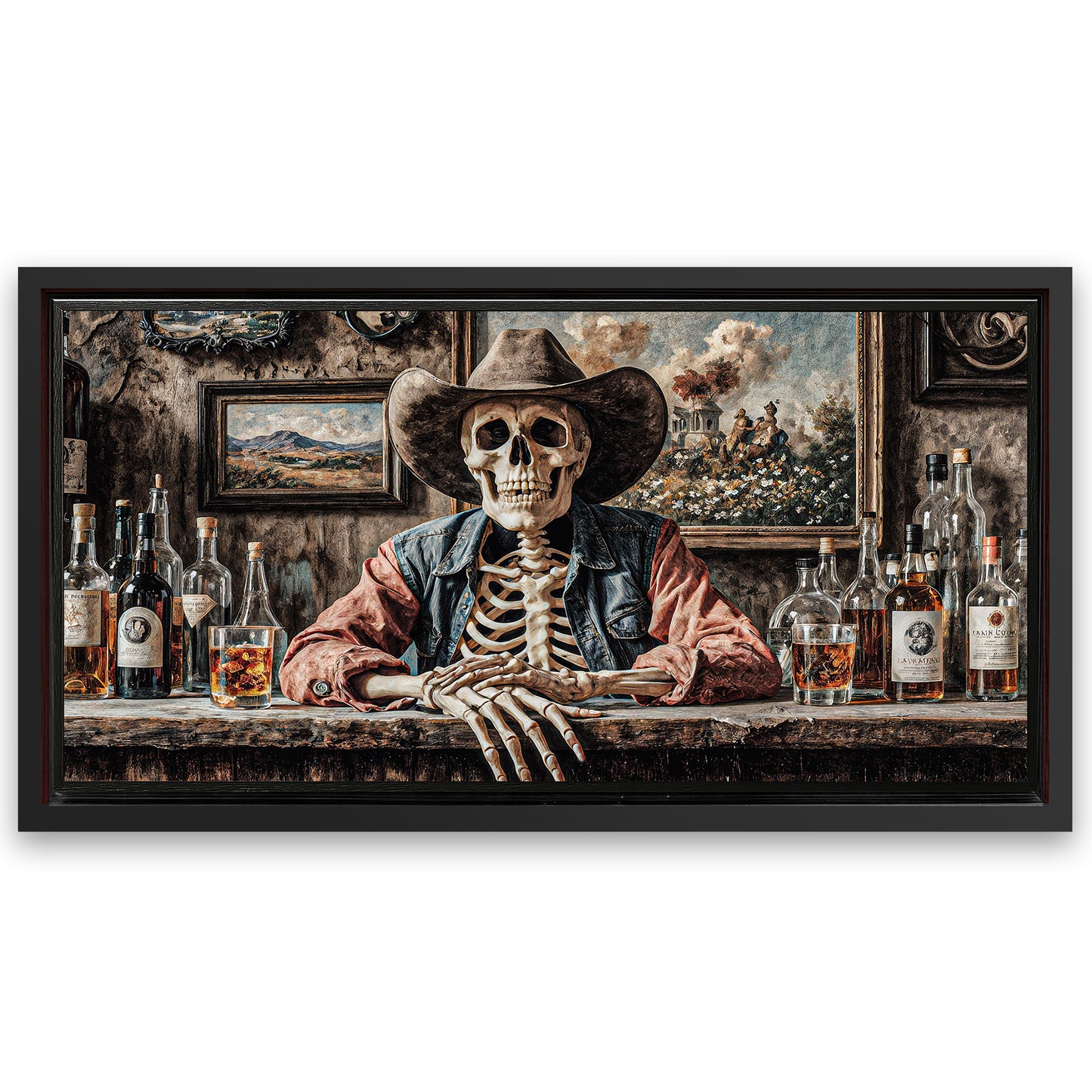 Save 33% When You Add A Frame To Your 48x24 Skeleton Cowboy Barman At Western Saloon Wall Art Canvas Now