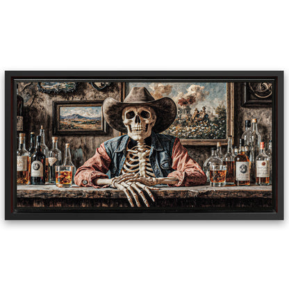 Save 33% When You Add A Frame To Your 48x24 Skeleton Cowboy Barman At Western Saloon Wall Art Canvas Now