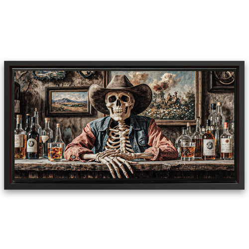 Save 33% When You Add A Frame To Your 48x24 Skeleton Cowboy Barman At Western Saloon Wall Art Canvas Now