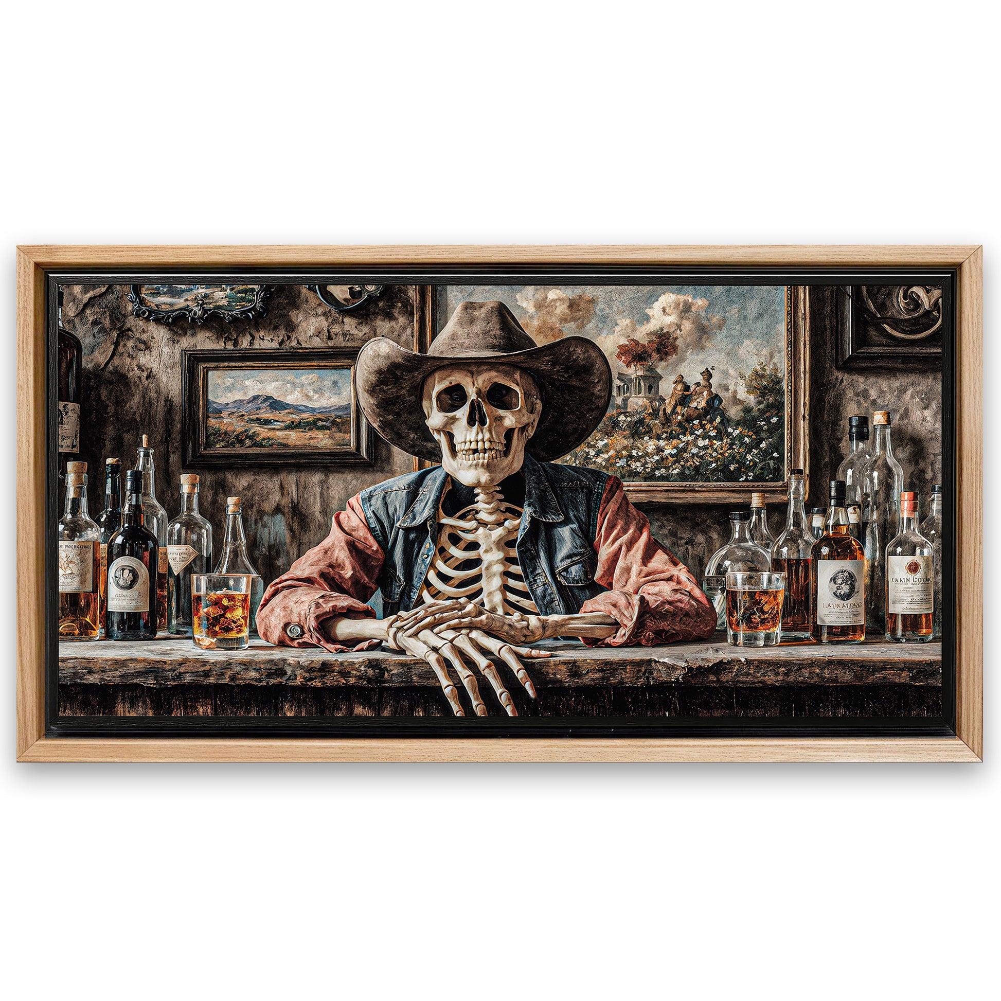 Save 33% When You Add A Frame To Your 60x30 Skeleton Cowboy Barman At Western Saloon Wall Art Canvas Now