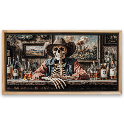 Save 33% When You Add A Frame To Your 60x30 Skeleton Cowboy Barman At Western Saloon Wall Art Canvas Now