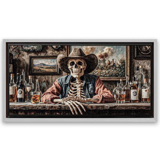 Save 33% When You Add A Frame To Your 48x24 Skeleton Cowboy Barman At Western Saloon Wall Art Canvas Now