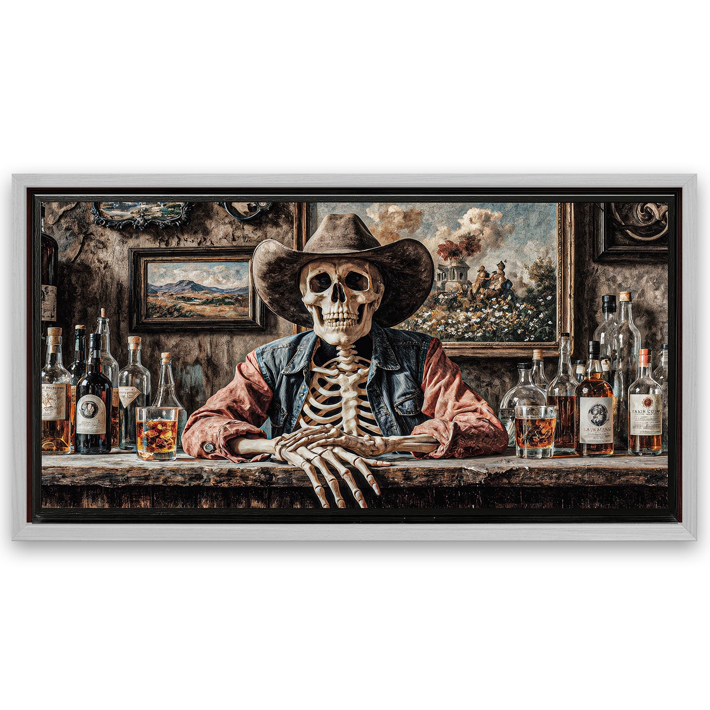 Save 33% When You Add A Frame To Your 60x30 Skeleton Cowboy Barman At Western Saloon Wall Art Canvas Now