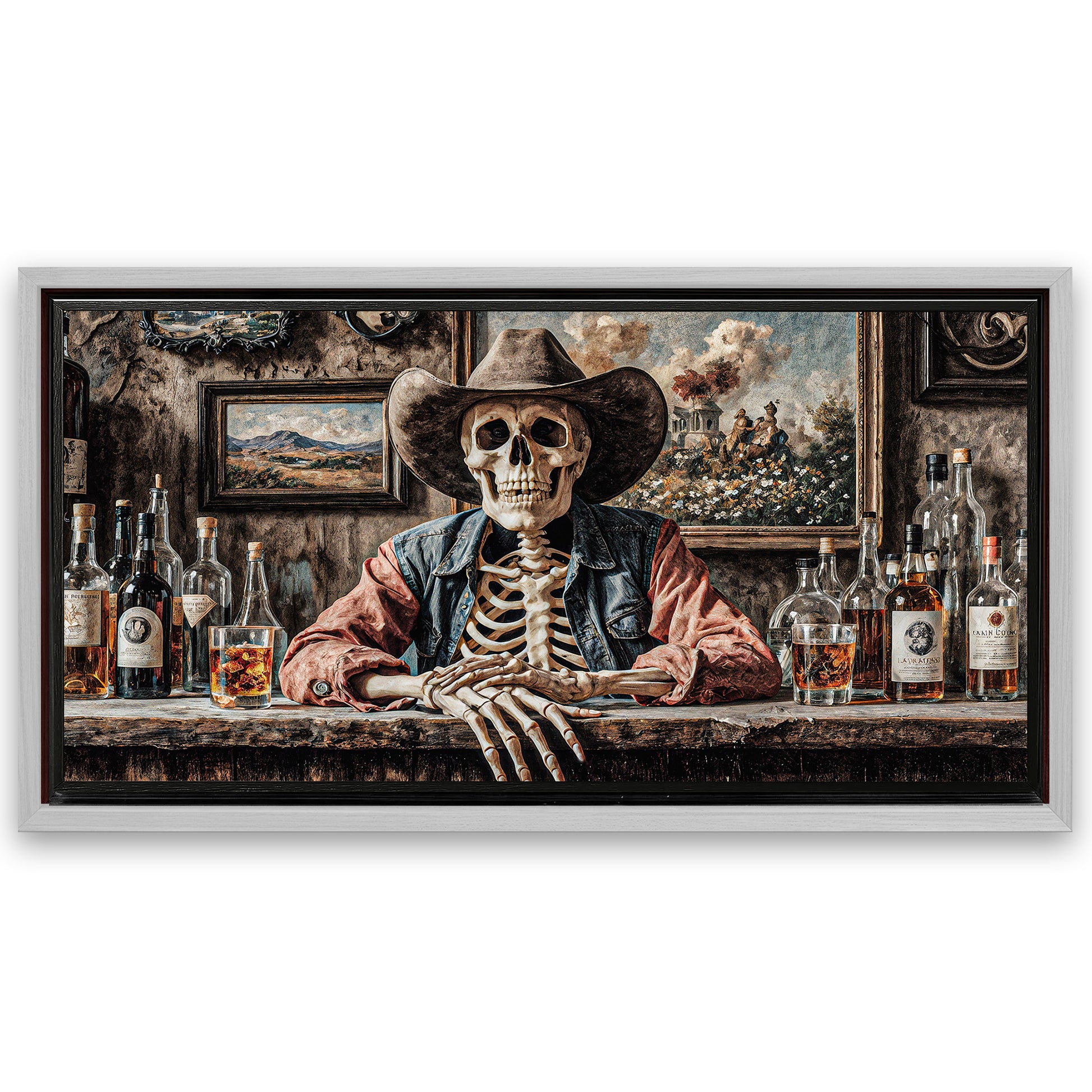 Save 33% When You Add A Frame To Your 60x30 Skeleton Cowboy Barman At Western Saloon Wall Art Canvas Now