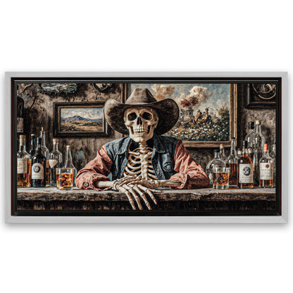 Save 33% When You Add A Frame To Your 60x30 Skeleton Cowboy Barman At Western Saloon Wall Art Canvas Now