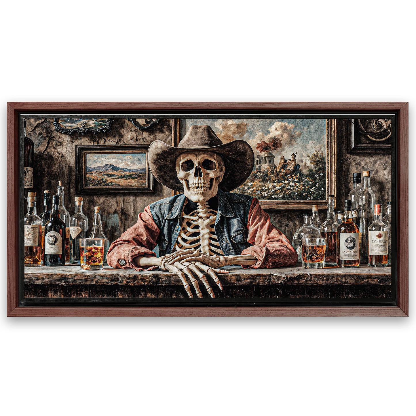 Save 33% When You Add A Frame To Your 48x24 Skeleton Cowboy Barman At Western Saloon Wall Art Canvas Now