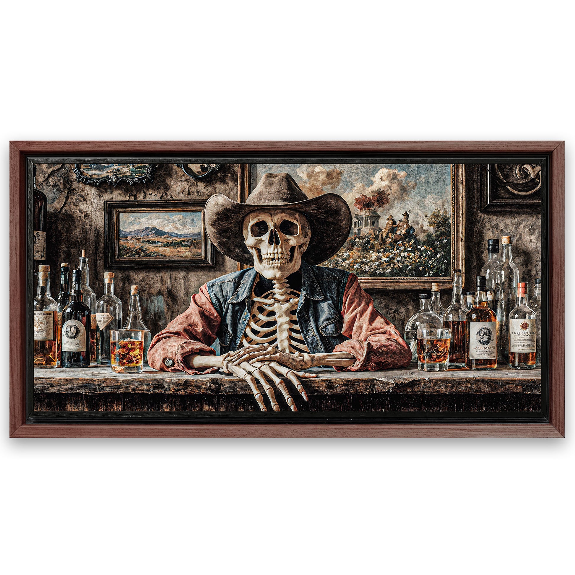 Save 33% When You Add A Frame To Your 48x24 Skeleton Cowboy Barman At Western Saloon Wall Art Canvas Now