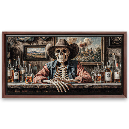 Save 33% When You Add A Frame To Your 48x24 Skeleton Cowboy Barman At Western Saloon Wall Art Canvas Now