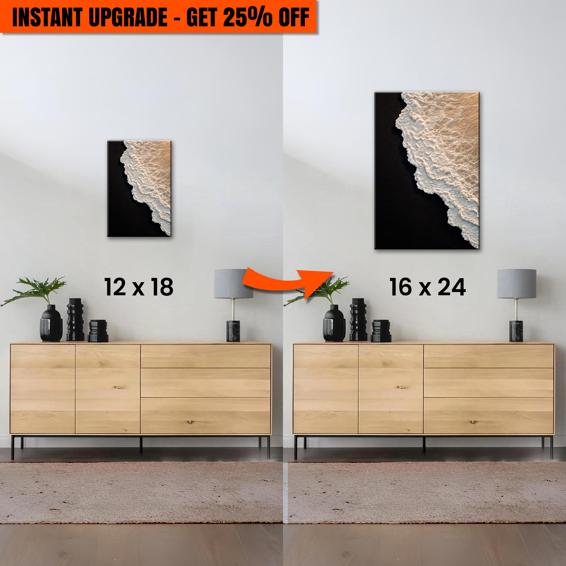 Upgrade Your 12x18 Inches 'Black Sand Beach Abstract Wall Art' Canvas to 16x24 Inches