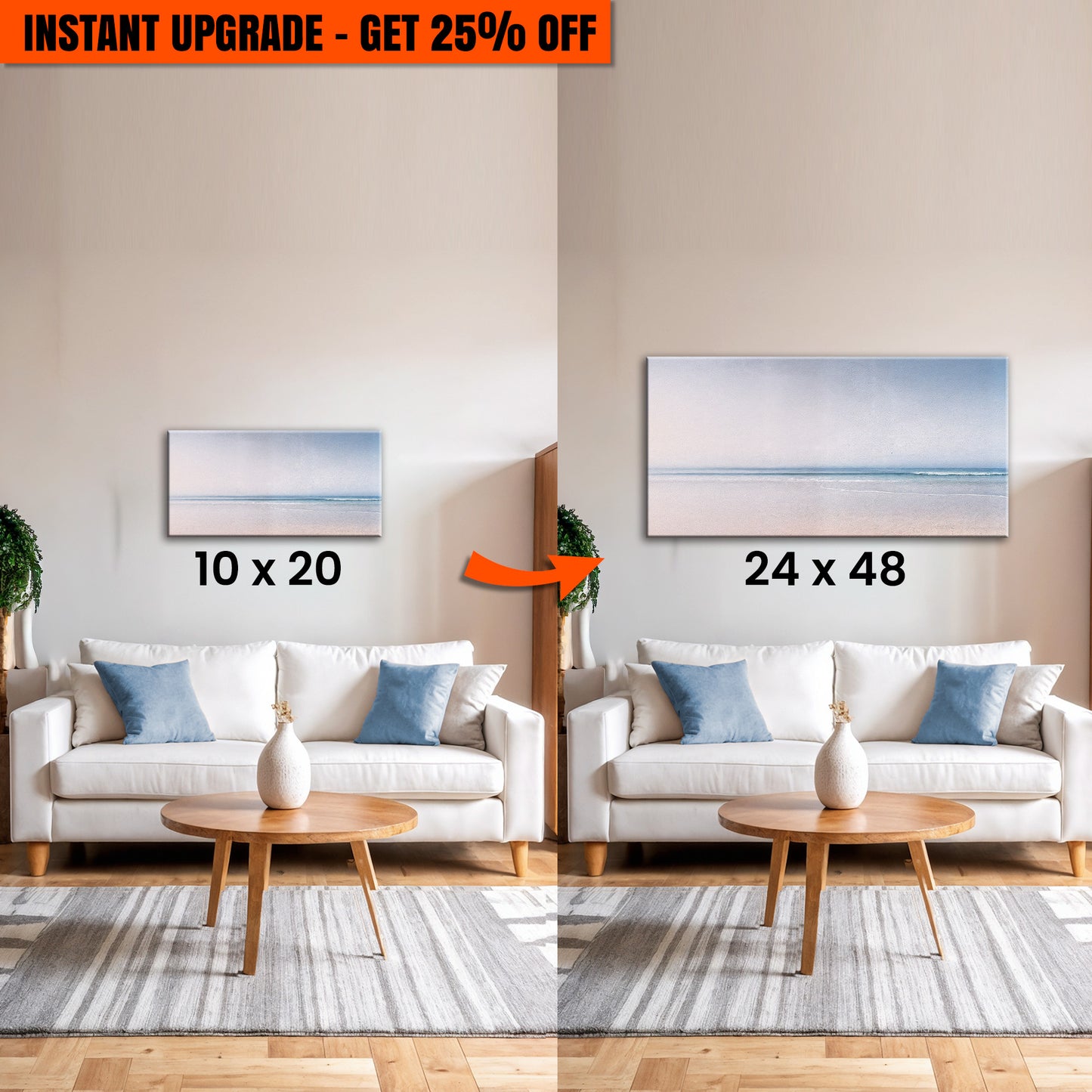 Upgrade Your 20x10 Inches 'Silent Beach Horizon Wall Art II' Canvas To 48x24 Inches