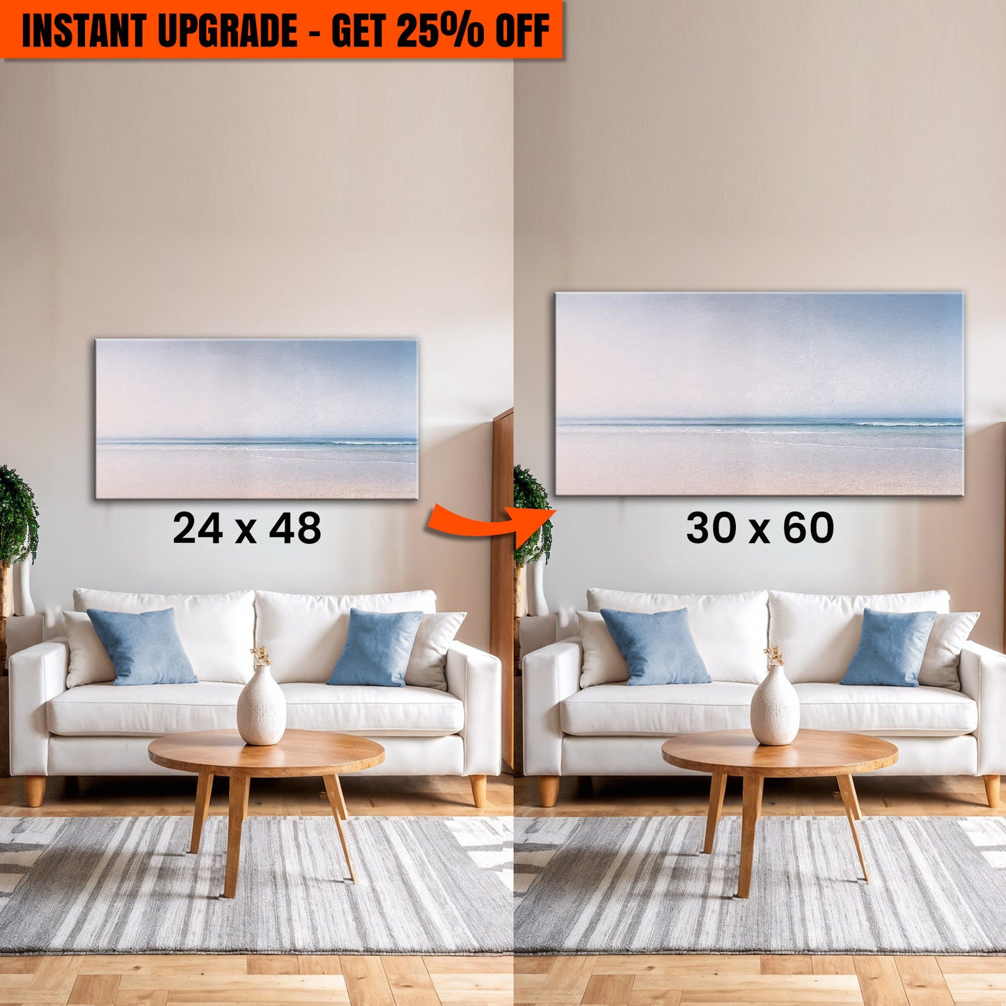 Upgrade Your 48x24 Inches 'Silent Beach Horizon Wall Art II' Canvas To 60x30 Inches