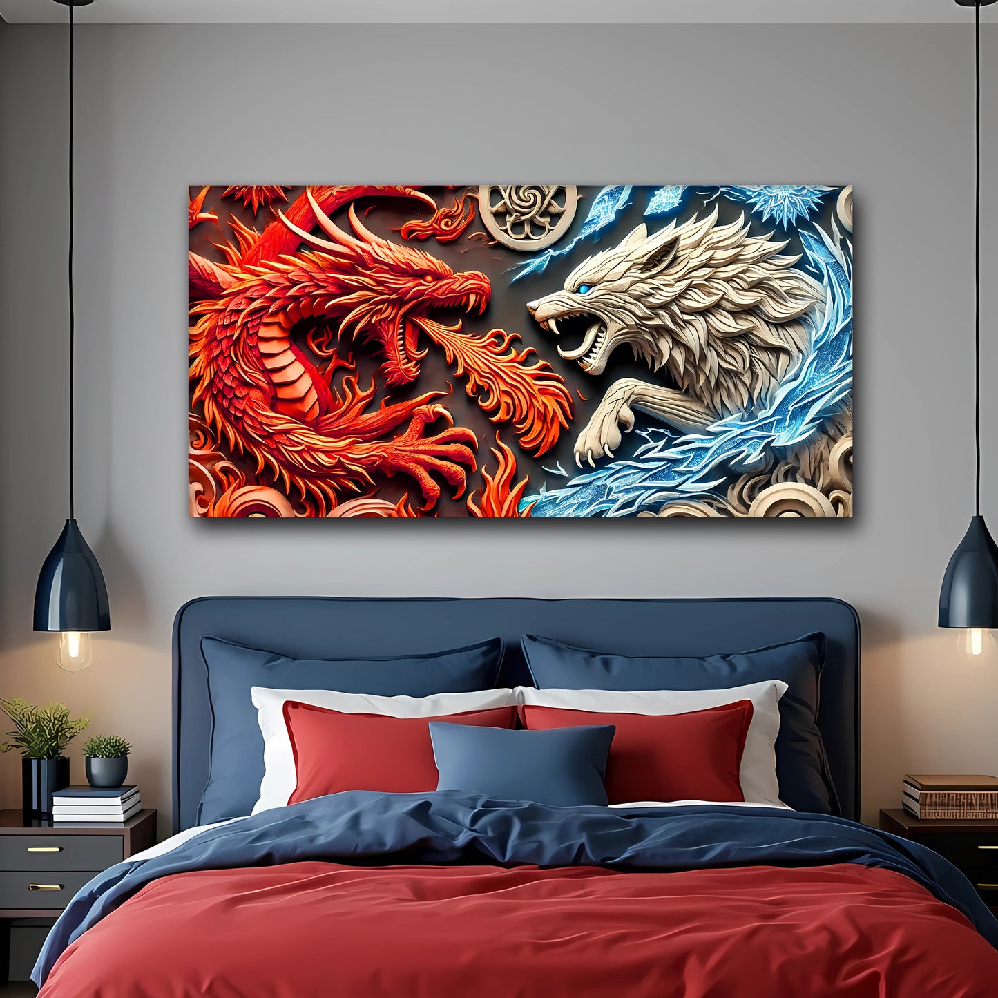 3D Dragon and Wolf Wall Art V