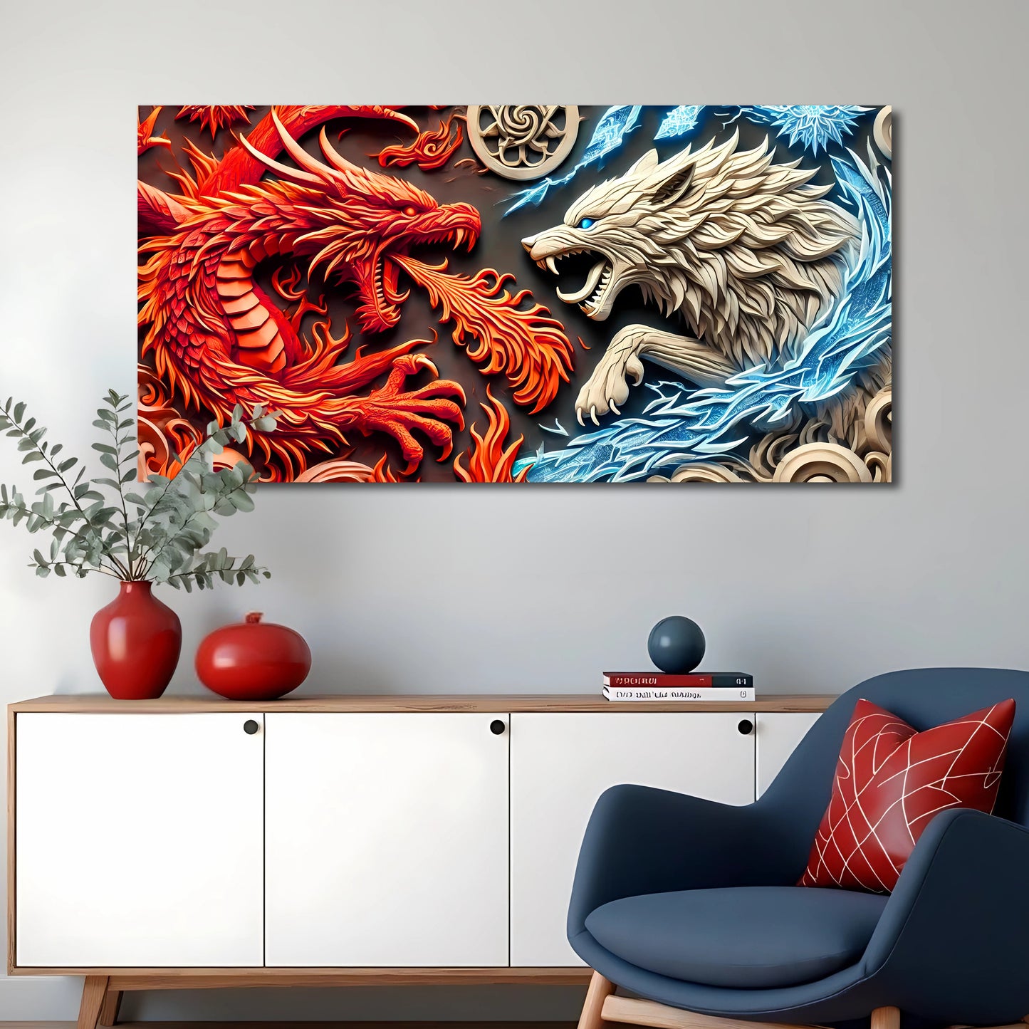 3D Dragon and Wolf Wall Art V