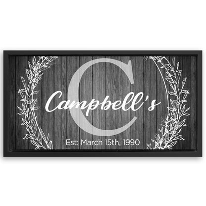 Save 33% When You Add A Frame To Your 60x30 Family Name Sign - Monogram Sign Canvas Now