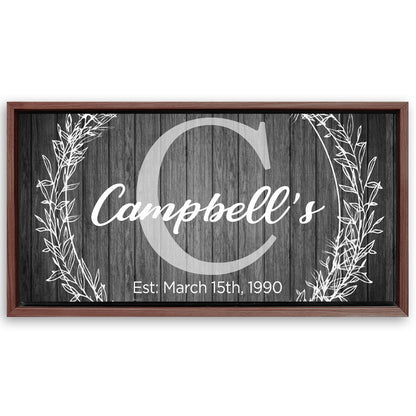 Save 33% When You Add A Frame To Your 48x24 Family Name Sign - Monogram Sign Canvas Now
