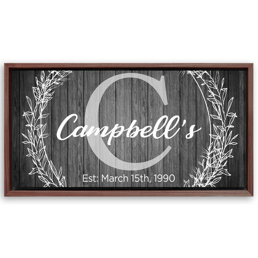 Save 33% When You Add A Frame To Your 48x24 Family Name Sign - Monogram Sign Canvas Now