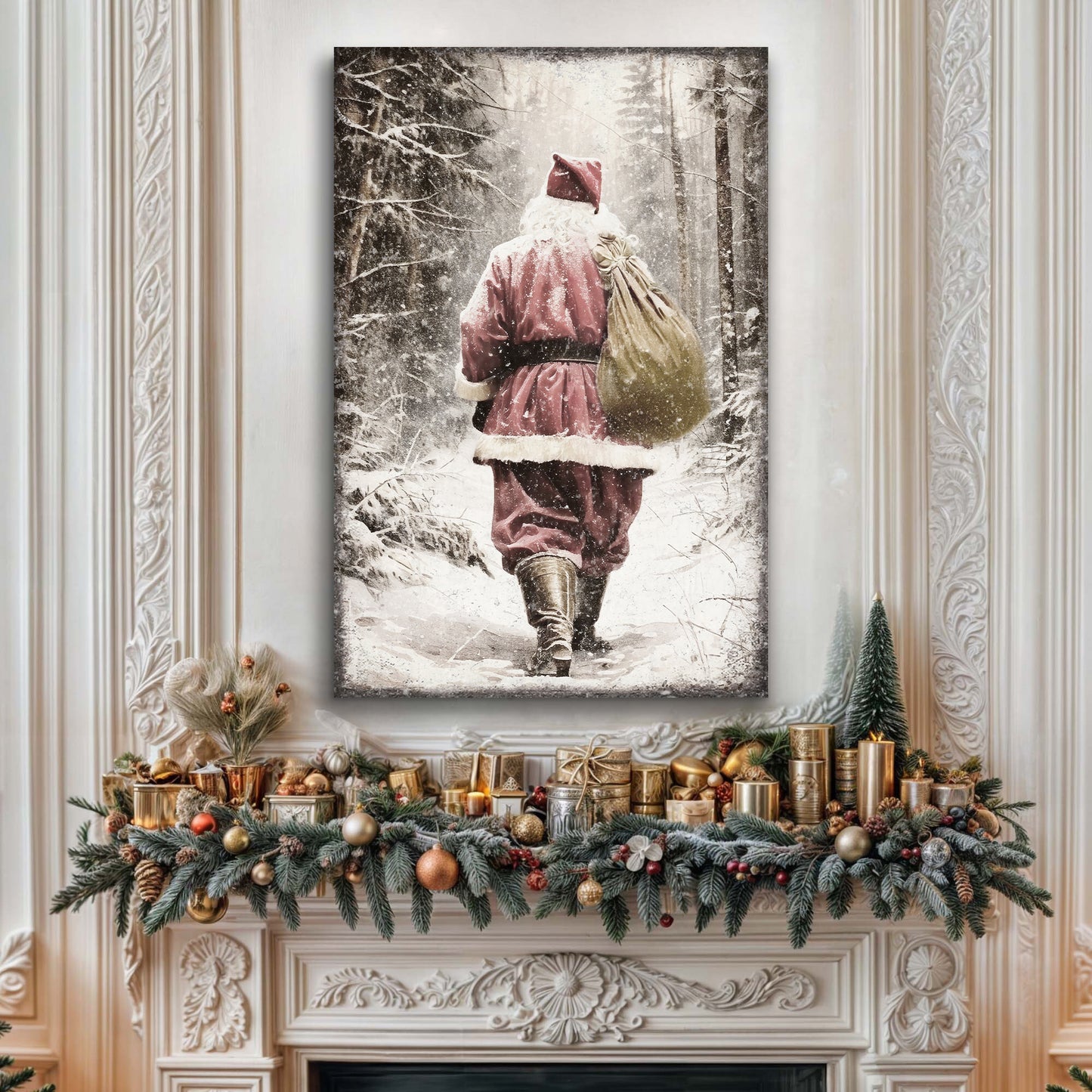 Vintage Santa Claus in Winter Forest Christmas Wall Art III